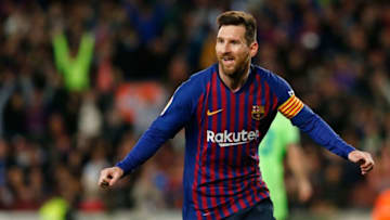 Barcelona's Argentinian forward Lionel Messi celebrates his goal during the Spanish League football match between FC Barcelona and Levante UD at the Camp Nou stadium in Barcelona on April 27, 2019. (Photo by PAU BARRENA / AFP) (Photo credit should read PAU BARRENA/AFP/Getty Images)