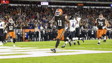 Dec 17, 2022; Cleveland, Ohio, USA; Cleveland Browns wide receiver Donovan Peoples-Jones (11) scores a touchdown against the Baltimore Ravens at FirstEnergy Stadium. Mandatory Credit: Scott Galvin-USA TODAY Sports