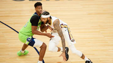 MINNEAPOLIS, MINNESOTA - JANUARY 23: Jarrett Culver #23 of the Minnesota Timberwolves defends against Brandon Ingram #14 of the New Orleans Pelicans during the second quarter of the game at Target Center on January 23, 2021 in Minneapolis, Minnesota. NOTE TO USER: User expressly acknowledges and agrees that, by downloading and or using this Photograph, user is consenting to the terms and conditions of the Getty Images License Agreement (Photo by Hannah Foslien/Getty Images)