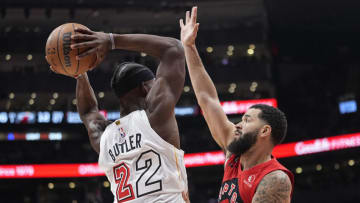 Toronto Raptors guard Fred VanVleet (23) defends against Miami Heat forward Jimmy Butler (22)(John E. Sokolowski-USA TODAY Sports)