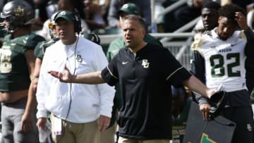 WACO, TX - OCTOBER 28: Head coach Matt Rhule of the Baylor Bears looks on as the Baylor Bears play the Texas Longhorns in the first half at McLane Stadium on October 28, 2017 in Waco, Texas. Texas won 38-7. (Photo by Ron Jenkins/Getty Images)