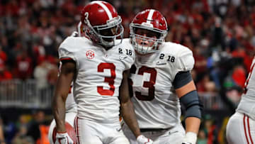 ATLANTA, GA - JANUARY 08: Calvin Ridley #3 of the Alabama Crimson Tide celebrates a seven yard touchdown catch during the fourth quarter against the Georgia Bulldogs in the CFP National Championship presented by AT&T at Mercedes-Benz Stadium on January 8, 2018 in Atlanta, Georgia. (Photo by Kevin C. Cox/Getty Images)