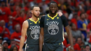 NEW ORLEANS, LA - MAY 06: Stephen Curry #30 of the Golden State Warriors stands on the court with Draymond Green #23 of the Golden State Warriors during the first half of Game Four of the Western Conference Semifinals of the 2018 NBA Playoffs at the Smoothie King Center on May 6, 2018 in New Orleans, Louisiana. NOTE TO USER: User expressly acknowledges and agrees that, by downloading and or using this photograph, User is consenting to the terms and conditions of the Getty Images License Agreement. (Photo by Sean Gardner/Getty Images)