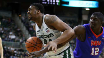 EAST LANSING, MI - DECEMBER 18: Nick Ward #44 of the Michigan State Spartans battles against the Houston Baptist Huskies at the Jack T. Breslin Student Events Center on December 18, 2017 in East Lansing, Michigan. (Photo by Gregory Shamus/Getty Images)