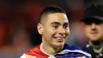 HARRISON, NEW JERSEY - NOVEMBER 29: Miguel Almiron #10 of Atlanta United FC celebrates the win after the Eastern Conference Finals Leg 2 match against the New York Red Bulls at Red Bull Arena on November 29, 2018 in Harrison, New Jersey. (Photo by Elsa/Getty Images)