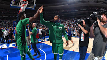 PHILADELPHIA, PA - OCTOBER 20: Kyrie Irving #11 of the Boston Celtics gets introduced before the game against the Philadelphia 76ers on October 20, 2017 at Wells Fargo Center in Philadelphia, Pennsylvania. NOTE TO USER: User expressly acknowledges and agrees that, by downloading and or using this photograph, User is consenting to the terms and conditions of the Getty Images License Agreement. Mandatory Copyright Notice: Copyright 2017 NBAE (Photo by Jesse D. Garrabrant/NBAE via Getty Images)