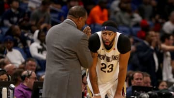 New Orleans Pelicans coach Alvin Gentry and Anthony Davis (Photo by Sean Gardner/Getty Images)