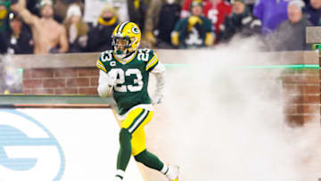 Jan 22, 2022; Green Bay, Wisconsin, USA; Green Bay Packers cornerback Jaire Alexander (23) prior to a NFC Divisional playoff football game against the San Francisco 49ers at Lambeau Field. Mandatory Credit: Jeff Hanisch-USA TODAY Sports