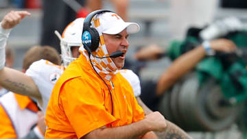 ATHENS, GEORGIA - OCTOBER 10: Head coach Jeremy Pruitt of the Tennessee Volunteers reacts to a touchdown against the Georgia Bulldogs during the first half at Sanford Stadium on October 10, 2020 in Athens, Georgia. (Photo by Kevin C. Cox/Getty Images)