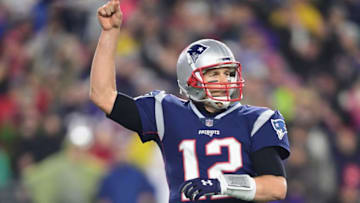 FOXBOROUGH, MA - DECEMBER 02: Tom Brady #12 of the New England Patriots celebrates after a rushing touchdown by James Develin #46 (not pictured) during the fourth quarter against the Minnesota Vikings at Gillette Stadium on December 2, 2018 in Foxborough, Massachusetts. (Photo by Billie Weiss/Getty Images)