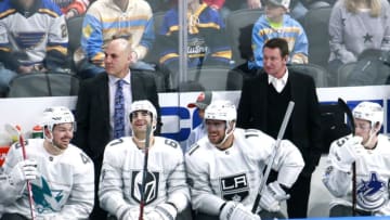ST LOUIS, MISSOURI - JANUARY 25: (L-R) Tomas Hertl #48 of the San Jose Sharks, head coach Rick Tocchet, Max Pacioretty #67 of the Vegas Golden Knights, Anze Kopitar #11 of the Los Angeles Kings, coach Wayne Gretzky and Quinn Hughes #43 of the Vancouver Canucks look on from the bench area during the 2020 NHL All-Star Game between the Pacific Division and Central Division at the Enterprise Center on January 25, 2020 in St Louis, Missouri. (Photo by Jeff Vinnick/NHLI via Getty Images)