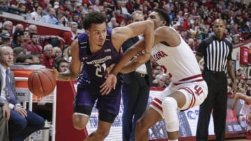 BLOOMINGTON, IN - JANUARY 08: A.J. Turner #21 of the Northwestern Wildcats drives to the basket against Armaan Franklin #2 of the Indiana Hoosiers at Assembly Hall on January 8, 2020 in Bloomington, Indiana. (Photo by Michael Hickey/Getty Images)