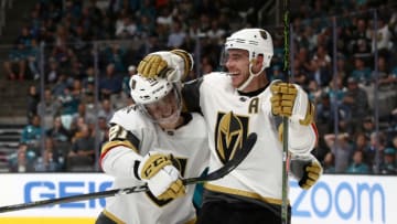 SAN JOSE, CALIFORNIA - APRIL 18: Cody Eakin #21 and Reilly Smith #19 of the Vegas Golden Knights celebrate after the Golden Knights scored a goal against the San Jose Sharks in the first period in Game Five of the Western Conference First Round during the 2019 NHL Stanley Cup Playoffs at SAP Center on April 18, 2019 in San Jose, California. (Photo by Ezra Shaw/Getty Images)