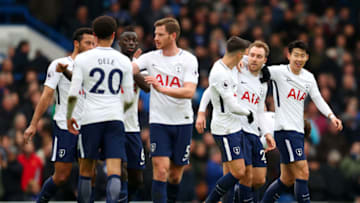 LONDON, ENGLAND - APRIL 01: Christian Eriksen of Tottenham Hotspur celebrates after scoring his sides first goal with Erik Lamela of Tottenham Hotspur and Heung-Min Son of Tottenham Hotspur during the Premier League match between Chelsea and Tottenham Hotspur at Stamford Bridge on April 1, 2018 in London, England. (Photo by Catherine Ivill/Getty Images)