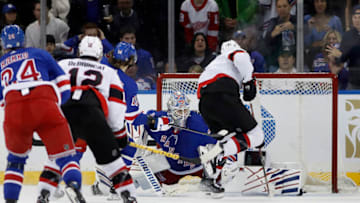 NEW YORK, NEW YORK - DECEMBER 02: Brady Tkachuk #7 of the Ottawa Senators scores the overtime game-winning goal past Igor Shesterkin #31 of the New York Rangers at Madison Square Garden on December 02, 2022 in New York City. (Photo by Jim McIsaac/Getty Images)