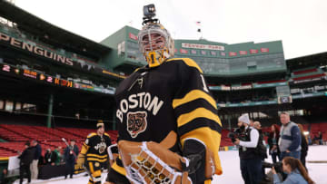 BOSTON, MASSACHUSETTS - JANUARY 01: Jeremy Swayman #1 of the Boston Bruins walks to the ice to practice for the 2023 Winter Classic at Fenway Park on January 01, 2023 in Boston, Massachusetts. (Photo by Gregory Shamus/Getty Images)