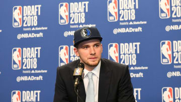 BROOKLYN, NY - JUNE 21: Luka Doncic speaks to the media after being selected third overall at the 2018 NBA Draft on June 21, 2018 at the Barclays Center in Brooklyn, New York. NOTE TO USER: User expressly acknowledges and agrees that, by downloading and/or using this photograph, user is consenting to the terms and conditions of the Getty Images License Agreement. Mandatory Copyright Notice: Copyright 2018 NBAE (Photo by Kostas Lymperopoulos/NBAE via Getty Images)