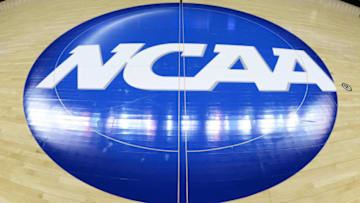 NCAA logo at mid-court (Photo by Lance King/Getty Images)