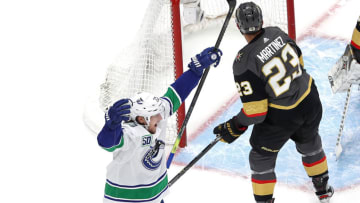 EDMONTON, ALBERTA - AUGUST 25: Tyler Toffoli #73 of the Vancouver Canucks celebrates after scoring a goal against the Vegas Golden Knights during the first period in Game Two of the Western Conference Second Round during the 2020 NHL Stanley Cup Playoffs at Rogers Place on August 25, 2020 in Edmonton, Alberta, Canada. (Photo by Bruce Bennett/Getty Images)