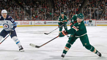 ST. PAUL, MN - NOVEMBER 23: Mikko Koivu #9 of the Minnesota Wild takes a shot on goal during a game with the Winnipeg Jets at Xcel Energy Center on November 23, 2018 in St. Paul, Minnesota.(Photo by Bruce Kluckhohn/NHLI via Getty Images)