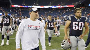 Aug 18, 2016; Foxborough, MA, USA; New England Patriots offensive coordinator Josh McDaniels heads off the field after the game against the Chicago Bears at Gillette Stadium. The Patriots defeated the Bears 23-22. Mandatory Credit: David Butler II-USA TODAY Sports