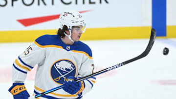 Apr 12, 2022; Toronto, Ontario, CAN; Buffalo Sabres defenseman Owen Power (25) warms up before playing the Toronto Maple Leafs at Scotiabank Arena. Mandatory Credit: Dan Hamilton-USA TODAY Sports