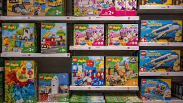BARCELONA, CATALONIA, SPAIN - 2021/11/20: LEGO items in boxes are seen inside the new Lego store.The Danish construction toy company LEGO has opened a new store on Passeig de Gràcia in Barcelona inspired by the work of the modernist architect Antoni Gaudi. The 800 m2 makes it the brand's third largest store after New York and China. (Photo by Paco Freire/SOPA Images/LightRocket via Getty Images)