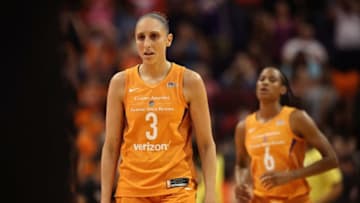 PHOENIX, AZ - AUGUST 31: Diana Taurasi #3 of the Phoenix Mercury reacts on the court following game three of the WNBA Western Conference Finals against the Seattle Storm at Talking Stick Resort Arena on August 31, 2018 in Phoenix, Arizona. The Mercury defeated the Storm 86-66. NOTE TO USER: User expressly acknowledges and agrees that, by downloading and or using this photograph, User is consenting to the terms and conditions of the Getty Images License Agreement. (Photo by Christian Petersen/Getty Images)