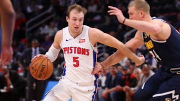 DETROIT, MICHIGAN - FEBRUARY 04: Luke Kennard #5 of the Detroit Pistons drives to the basket while playing the Denver Nuggets at Little Caesars Arena on February 04, 2019 in Detroit, Michigan. Detroit won the game 129-103. NOTE TO USER: User expressly acknowledges and agrees that, by downloading and or using this photograph, User is consenting to the terms and conditions of the Getty Images License Agreement. (Photo by Gregory Shamus/Getty Images)