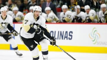 Jan 12, 2016; Raleigh, NC, USA; Pittsburgh Penguins forward Matt Cullen (7) skates with the puck against the Carolina Hurricanes at PNC Arena. The Carolina Hurricanes defeated the Pittsburgh Penguins 3-2 in overtime. Mandatory Credit: James Guillory-USA TODAY Sports