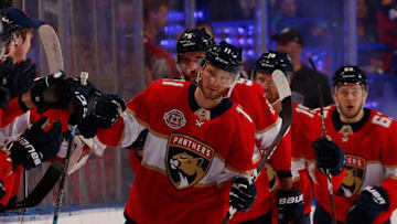 SUNRISE, FL - APRIL 1: Jonathan Huberdeau #11 of the Florida Panthers celebrates his goal with teammates during the second period against the Washington Capitals at the BB&T Center on April 1, 2019 in Sunrise, Florida. (Photo by Eliot J. Schechter/NHLI via Getty Images)