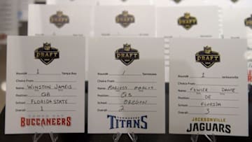 Aug 7, 2015; Canton, OH, USA; General view of 2015 NFL draft selection cards of the Tampa Bay Buccaneers (Jameis Winston), Tennessee Titans (Marcus Mariota) and Jacksonville Jaguars (Dante Fowler). Mandatory Credit: Kirby Lee-USA TODAY Sports