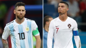 Argentina's forward Lionel Messi (L) in Kazan on June 30, 2018 and Portugal's forward Cristiano Ronaldo in Sochi on June 30, 2018. - Cristiano Ronaldo and Lionel Messi saw their World Cup dreams snuffed out on June 30, 2018. (Photo by Roman KRUCHININ and Adrian DENNIS / AFP) (Photo credit should read ROMAN KRUCHININ,ADRIAN DENNIS/AFP via Getty Images)