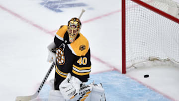 May 29, 2021; Boston, MA, USA; New York Islanders defenseman Adam Pelech (3) (not pictured) scores a goal past Boston Bruins goaltender Tuukka Rask (40) during the second period in game one of the second round of the 2021 Stanley Cup Playoffs at TD Garden. Mandatory Credit: Bob DeChiara-USA TODAY Sports