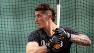 BOSTON, MA - JULY 29: Jarren Duran #40 of the Boston Red Sox hits in the batting cages before a game against the Milwaukee Brewers on July 29, 2022 at Fenway Park in Boston, Massachusetts. (Photo by Maddie Malhotra/Boston Red Sox/Getty Images)