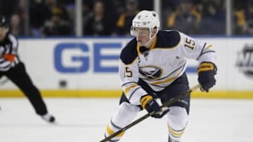 Feb 4, 2016; Buffalo, NY, USA; Buffalo Sabres center Jack Eichel (15) brings the puck into the Boston Bruins zone during the second period at First Niagara Center. Mandatory Credit: Kevin Hoffman-USA TODAY Sports