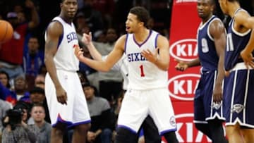 Dec 5, 2014; Philadelphia, PA, USA; Philadelphia 76ers guard Michael Carter-Williams (1) argues a non foul call during the second half of a game against the Oklahoma City Thunder at Wells Fargo Center. The Thunder defeated the 76ers 103-91. Mandatory Credit: Bill Streicher-USA TODAY Sports