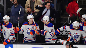 Apr 29, 2023; Los Angeles, California, USA; Edmonton Oilers head coach Jay Woodcroft and the bench celebrate the victory against the Los Angeles Kings in game six of the first round of the 2023 Stanley Cup Playoffs at Crypto.com Arena. Mandatory Credit: Gary A. Vasquez-USA TODAY Sports