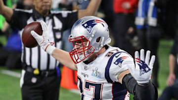 MINNEAPOLIS, MN - FEBRUARY 04: Rob Gronkowski #87 of the New England Patriots celebrates a touchdown reception against the Philadelphia Eagles in the fourth quarter of Super Bowl LII at U.S. Bank Stadium on February 4, 2018 in Minneapolis, Minnesota. The Eagles defeated the Patriots 41-33. (Photo by Jonathan Daniel/Getty Images)