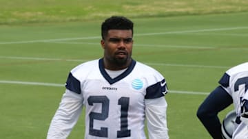 May 25, 2016; Irving, TX, USA; Dallas Cowboys running back Ezekiel Elliott (21) during organized team activities at Dallas Cowboys Headquarters. Mandatory Credit: Matthew Emmons-USA TODAY Sports