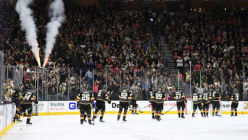 LAS VEGAS, NV - JANUARY 06: The Vegas Golden Knights celebrate after defeating the New Jersey Devils at T-Mobile Arena on January 6, 2019 in Las Vegas, Nevada. (Photo by Jeff Bottari/NHLI via Getty Images)