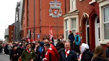 LIVERPOOL, ENGLAND - MARCH 31: Fans make their way to the stadium ahead of the Premier League match between Liverpool FC and Tottenham Hotspur at Anfield on March 31, 2019 in Liverpool, United Kingdom. (Photo by Clive Brunskill/Getty Images)