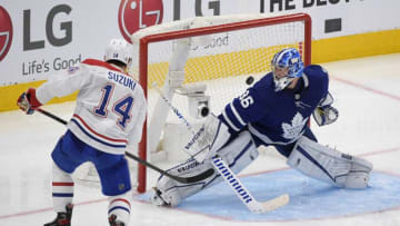 Montreal Canadiens forward Ryan Suzuki (14) scores the game winning goal past Toronto Maple Leafs goalie Jack Campbell (36) in overtime. (Dan Hamilton-USA TODAY Sports)