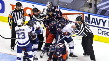 TORONTO, ONTARIO - AUGUST 15: The Tampa Bay Lightning and Columbus Blue Jackets mix it up during the first period in Game Three of the Eastern Conference First Round during the 2020 NHL Stanley Cup Playoffs at Scotiabank Arena on August 15, 2020 in Toronto, Ontario. (Photo by Elsa/Getty Images)