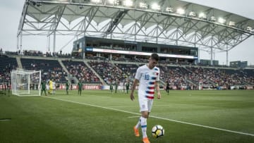 CHESTER, PA - MAY 28: Christian Pulisic #10 of the US Men's National Team lines up for the corner kick during the International Friendly Match between United States Mens National Team v Bolivia at Talen Energy Stadium on May 28, 2018 in Chester, PA. The US Men's National Team won the match with a score of 3 to 0. (Photo by Ira L. Black/Corbis via Getty Images)