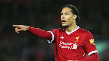 LIVERPOOL, ENGLAND - JANUARY 27: Virgil van Dijk of Liverpool reacts during The Emirates FA Cup Fourth Round match between Liverpool and West Bromwich Albion at Anfield on January 27, 2018 in Liverpool, England. (Photo by Alex Livesey/Getty Images)