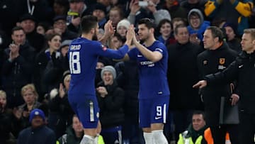 LONDON, ENGLAND - FEBRUARY 16: Alvaro Morata of Chelsea replaces team mate Olivier Giroud during The Emirates FA Cup Fifth Round match between Chelsea and Hull City at Stamford Bridge on February 16, 2018 in London, England. (Photo by Catherine Ivill/Getty Images)