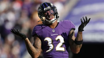 BALTIMORE, MARYLAND - OCTOBER 17: DeShon Elliott #32 of the Baltimore Ravens reacts after breaking up a pass during the third quarter against the Los Angeles Chargers at M&T Bank Stadium on October 17, 2021 in Baltimore, Maryland. (Photo by Patrick Smith/Getty Images)