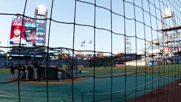 Sep 16, 2016; Philadelphia, PA, USA; The protective netting behind home plate at Citizens Bank Park during warm ups between the Philadelphia Phillies and the Miami Marlins. Mandatory Credit: Bill Streicher-USA TODAY Sports