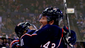 COLUMBUS, OH - JANUARY 5: Scott Hartnell #43 of the Columbus Blue Jackets congratulates Cam Atkinson #13 of the Columbus Blue Jackets after scoring a goal during the second period of the game against the Minnesota Wild on January 5, 2016 at Nationwide Arena in Columbus, Ohio. (Photo by Kirk Irwin/Getty Images)